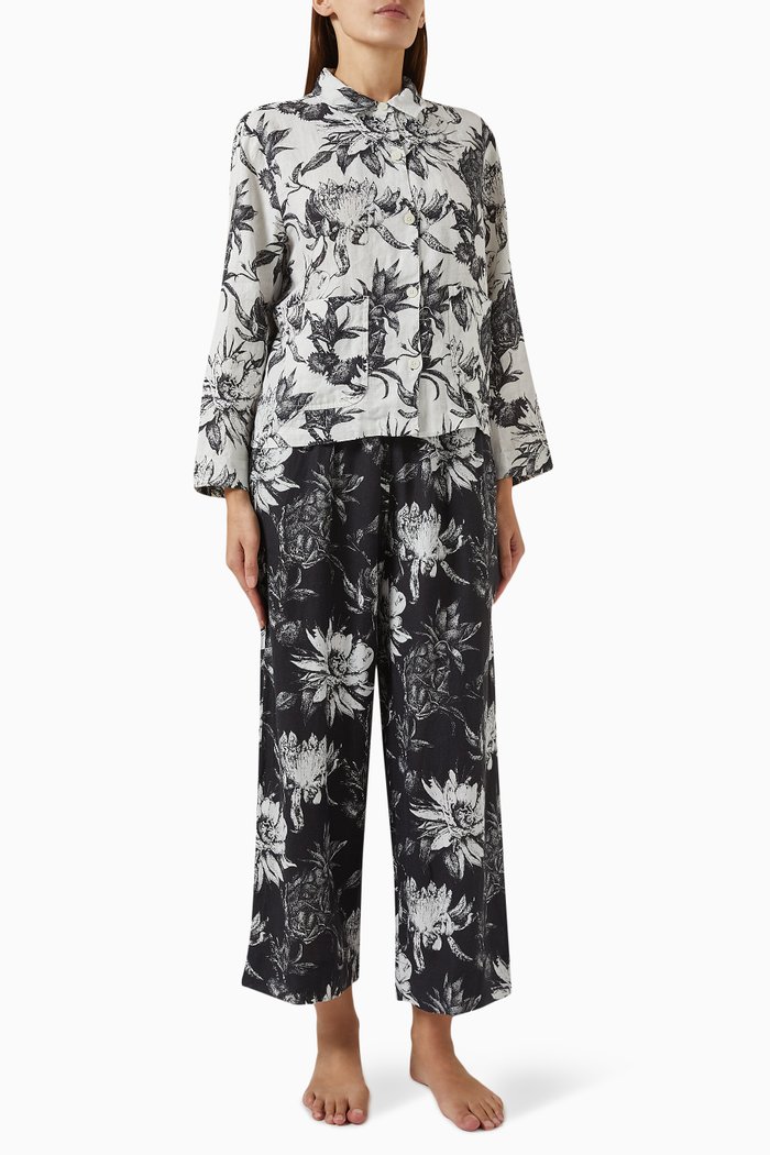 Night Bloom-print Pocket Pyjama Set in Linen, Black