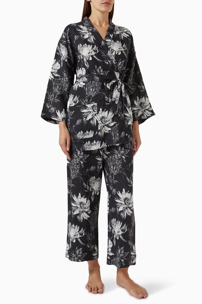 Night Bloom-print Wrap Set in Linen, Black