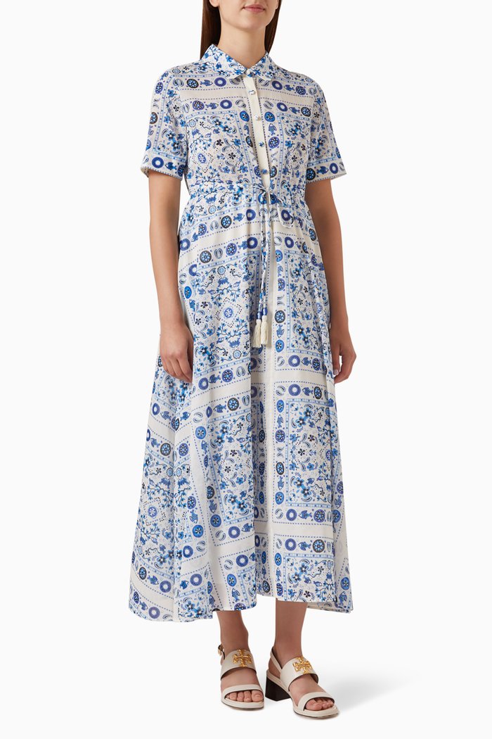 

Printed Shirt Dress in Cotton, Blue