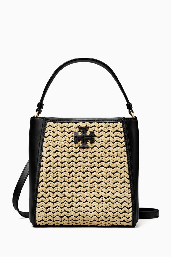 

Small McGraw Bucket Bag in Raffia & Leather, Black