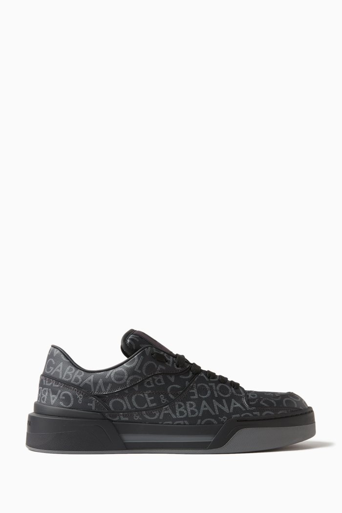 

New Roma Jacquard Logo Sneakers in Coated Canvas, Black