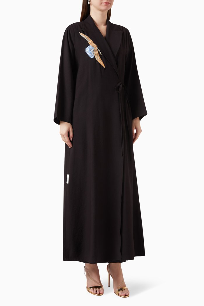 

Embroidered Abaya in Crushed Cotton, Black