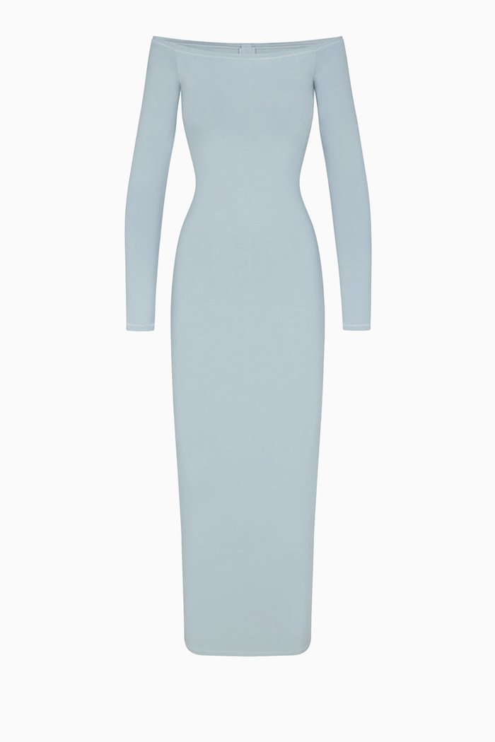 

New Vintage Off-shoulder Maxi Dress in Stretch-cotton, Blue