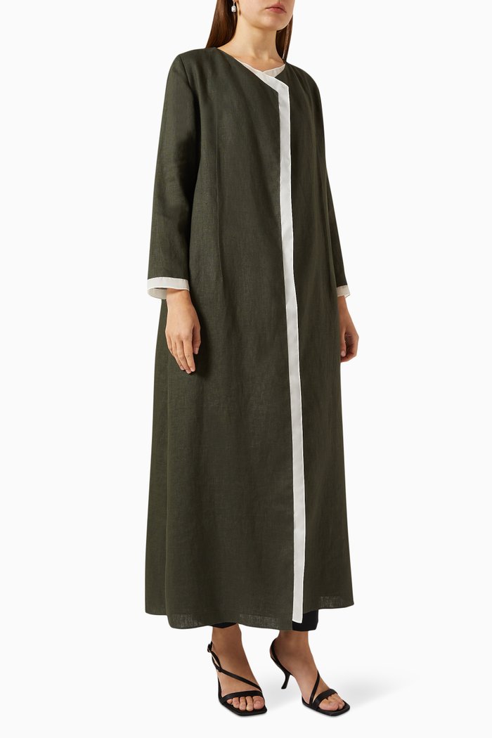 

Contrast Trim Abaya in Linen & Silk-organza, Green
