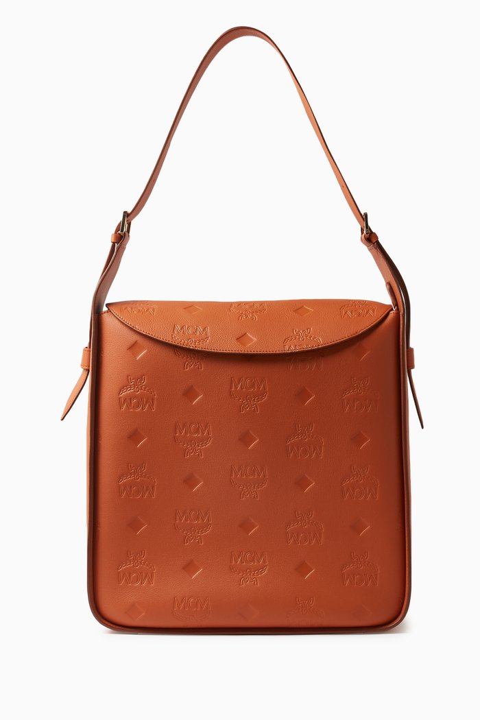 Large Aren Flap Hobo Bag in Monogram-embossed Leather, Brown