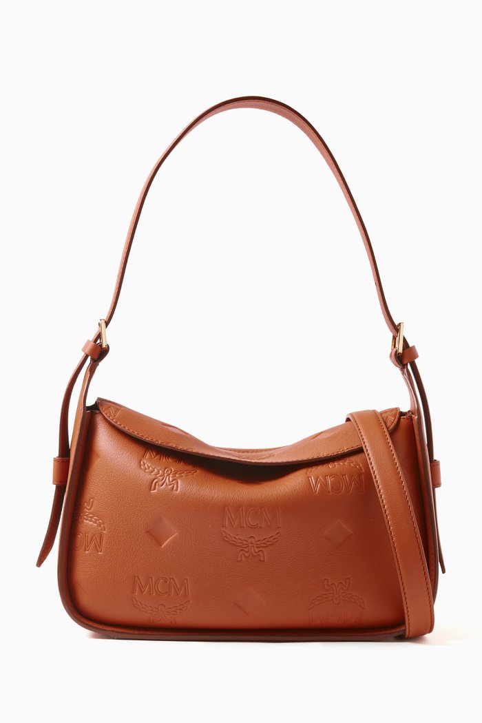 

Small Aren Flap Hobo Bag in Monogram-embossed Leather, Brown
