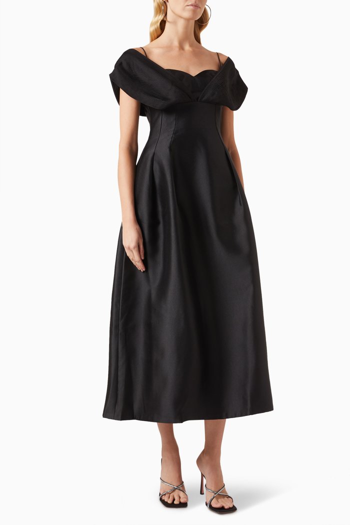 

Off-shoulder Midi Dress in Satin, Black