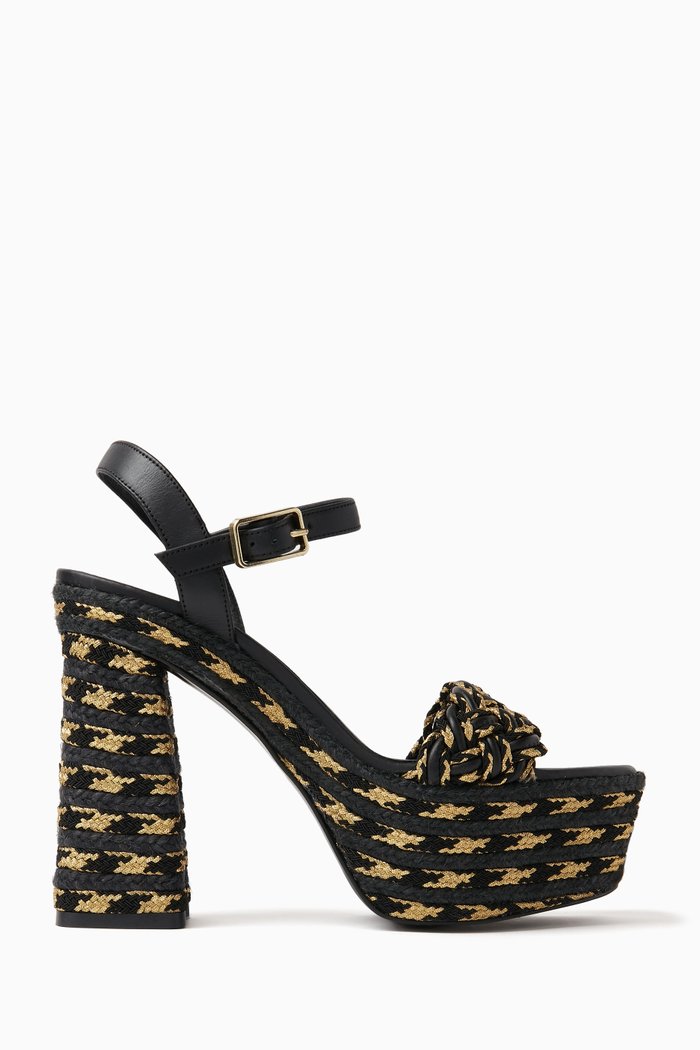 

Anne 80 Platform Sandals in Leather & Fabric Intertwined Laces, Black