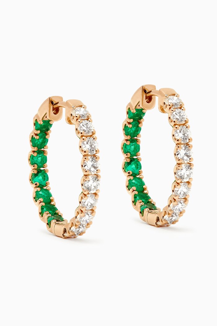 Crescent Green Emerald & Diamond Hoops in 18kt Gold