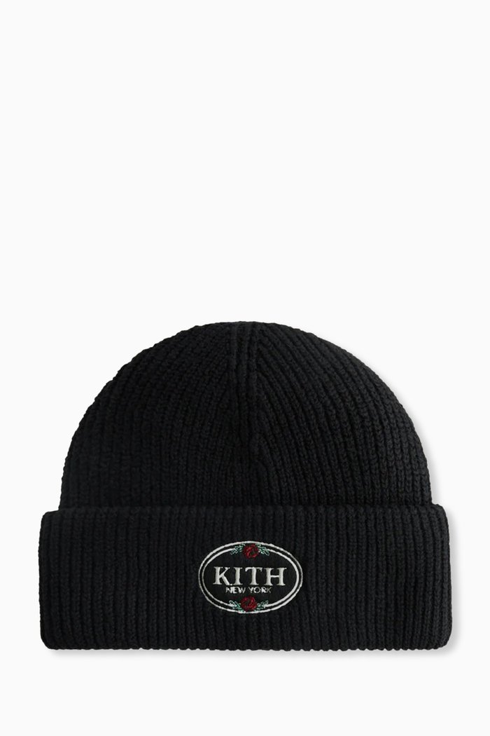 

Rose-embroidered Cuffed Beanie in Cotton-knit, Black