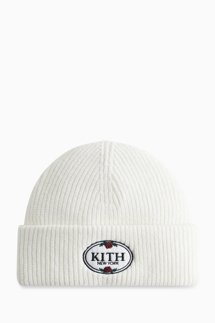 

Rose-embroidered Cuffed Beanie in Cotton-knit, Neutral