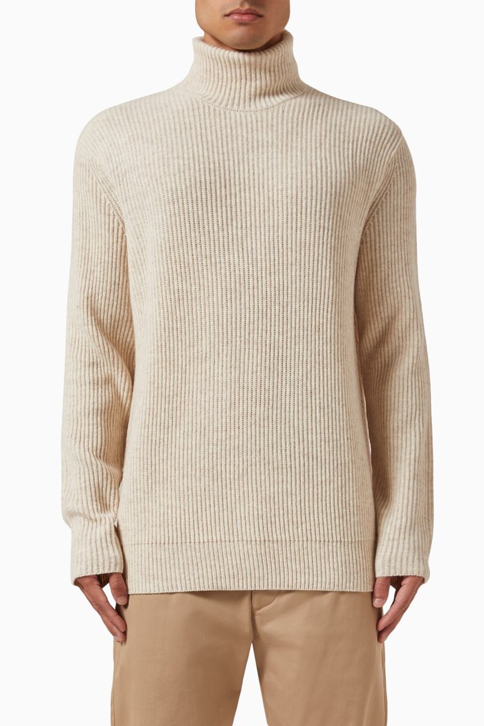

Eddie Rollneck Ribbed Sweater in Wool Knit, Neutral