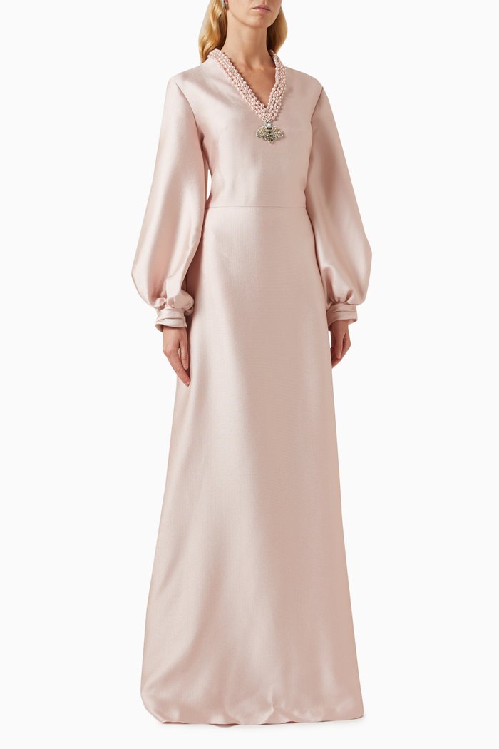 

Embellished Blouson-sleeve Maxi Dress in Mikado Piqué, Pink
