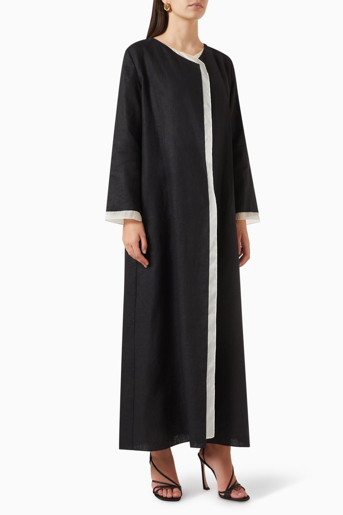 Contrast Trim Abaya in Linen, Black