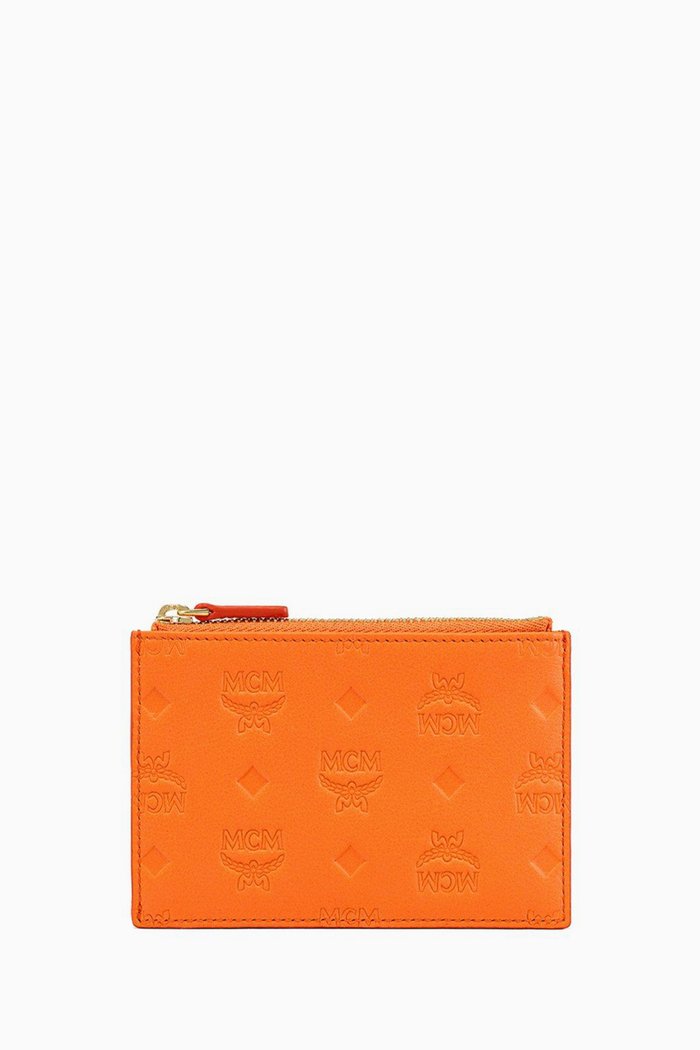 

Aren Zip Card Case in Embossed Monogram Leather, Orange