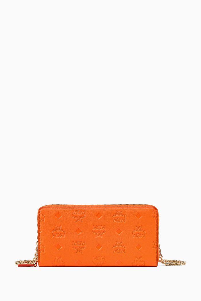 

Large Aren Chain Zip Around Wallet in Embossed Monogram, Orange