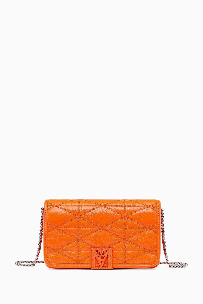 

Large Travia Quilted Chain Wallet in Crushed Leather, Orange