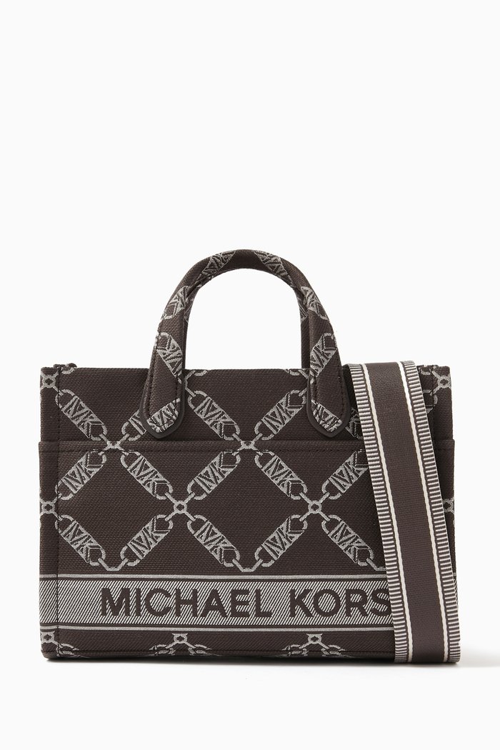

Small Gigi Empire Logo Messenger Bag in Jacquard, Brown