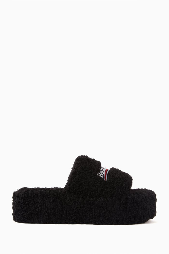 

Furry Platform Sandals in Faux Shearling, Black