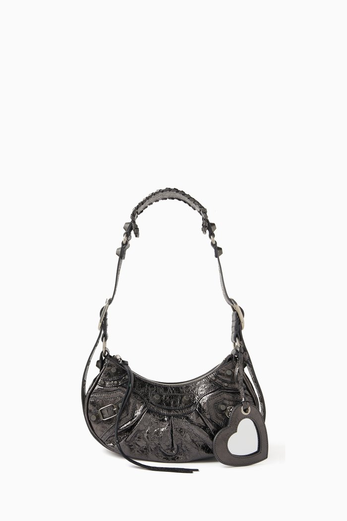 XSmall Le Cagole Shoulder Bag in Metallized Arena Lambskin, Grey