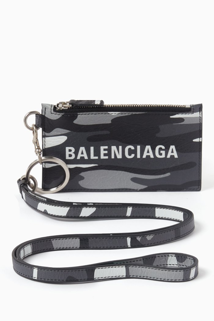 Printed Cash Card Case Keyring in Leather, Grey