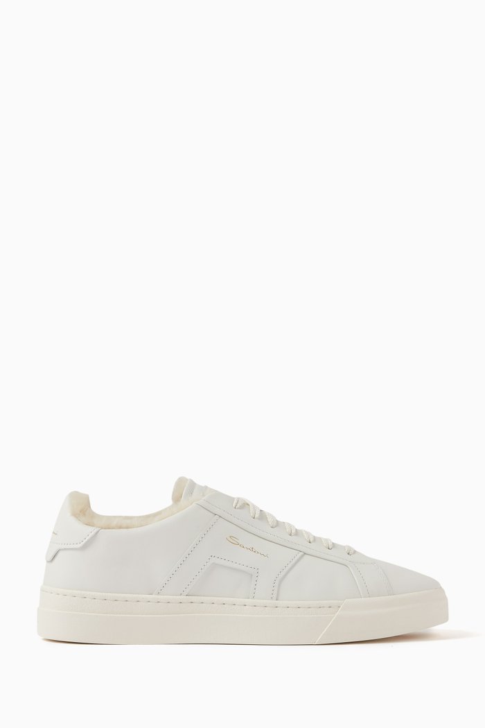 Fur-trimmed Low-top Sneakers in Leather, White
