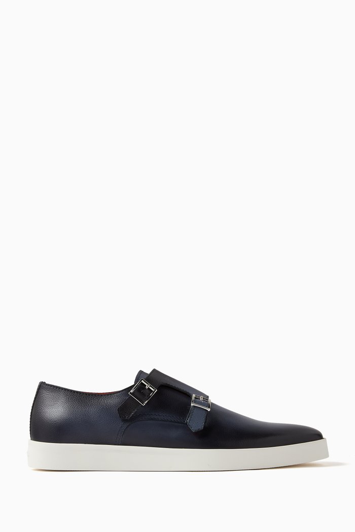 

Bankable Double-buckle Loafers in Tumbled Leather, Blue