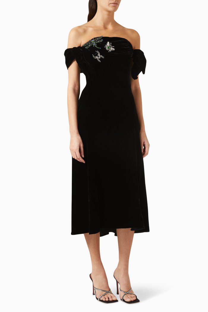 

Embellished-brooch Dress in Velvet, Black