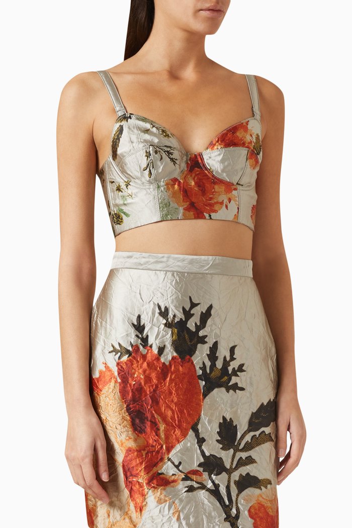 Floral-printed Bralette in Textured-satin, Neutral