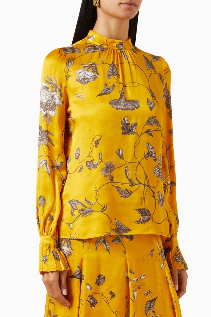 

Floral Ruffled Cuffs Blouse in Viscose Satin, Yellow