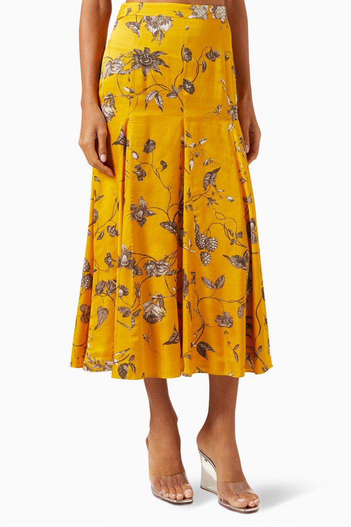 

Floral Pleated Midi Skirt in Viscose Satin, Yellow