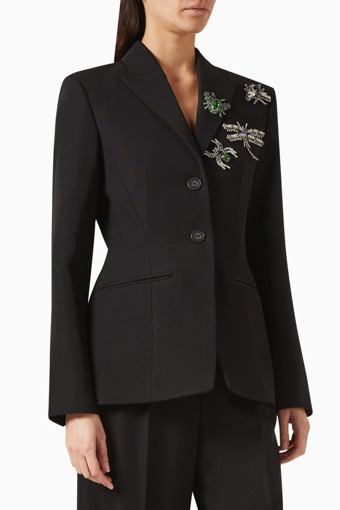 Crystal-embellished Brooch Jacket in Wool, Black