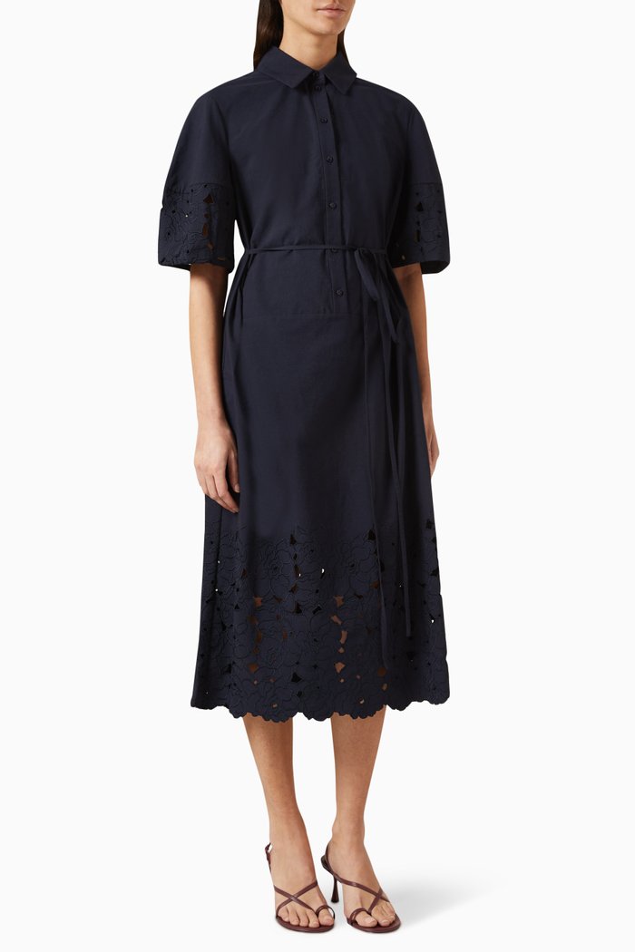 

Cutwork Embroidery Shirt Midi Dress in Cotton, Blue
