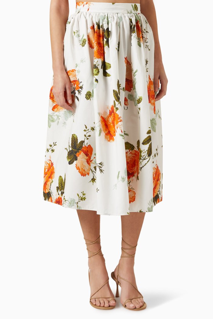 

Floral-print Midi Skirt in Cotton-poplin, White