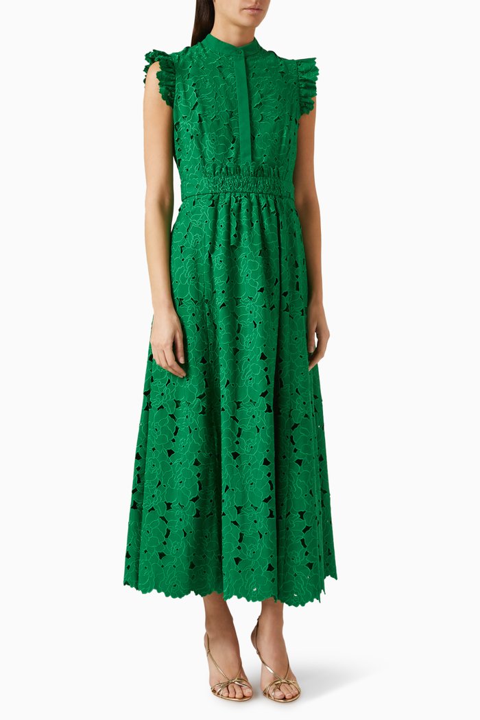 

Cutwork Embroidery Flared Midi Dress in Cotton-blend, Green