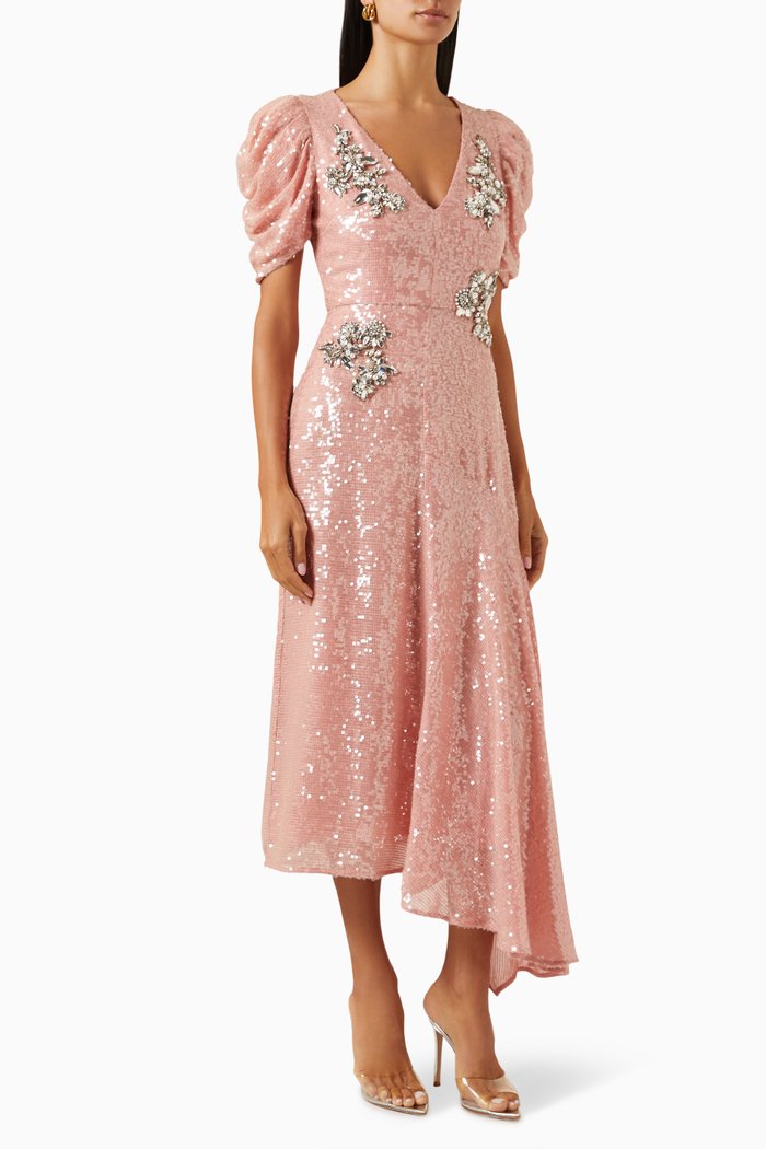 

V-neck Asymmetrical Midi Dress in Sequins, Pink