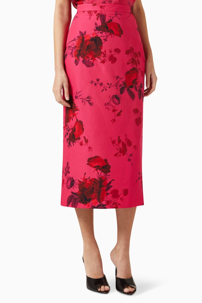 Floral-print Midi Skirt in Silk, Pink