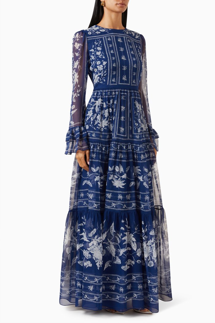 

Floral Patchwork-print Crewneck Maxi Dress in Silk-voile, Blue
