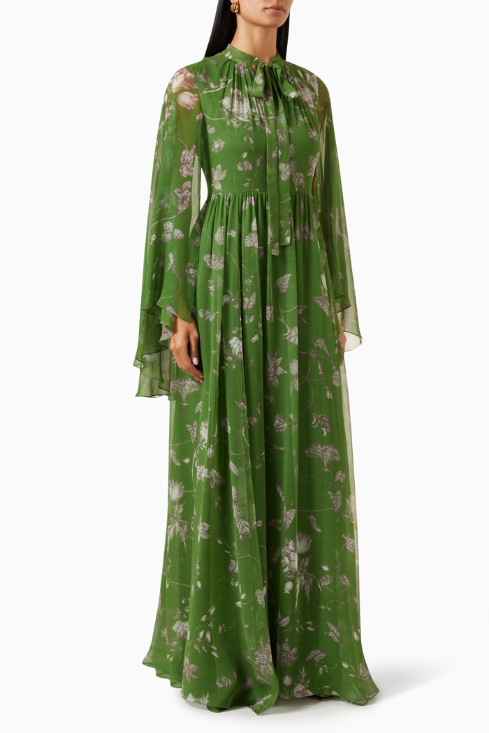 

Floral-print Cape-style Maxi Dress in Silk-voile, Green