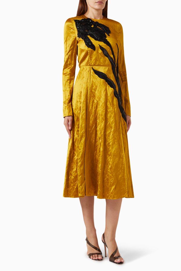 

Long Sleeve Midi Dress in Textured Satin, Gold
