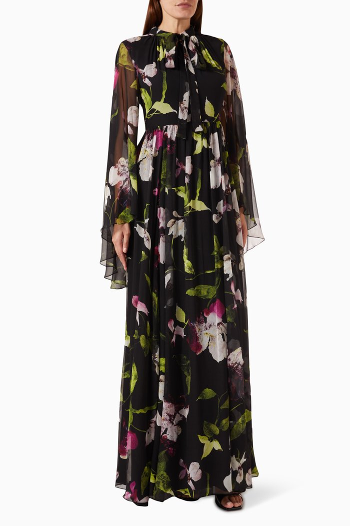 

Evelyn Cape Effect Gown in Silk Voile, Black