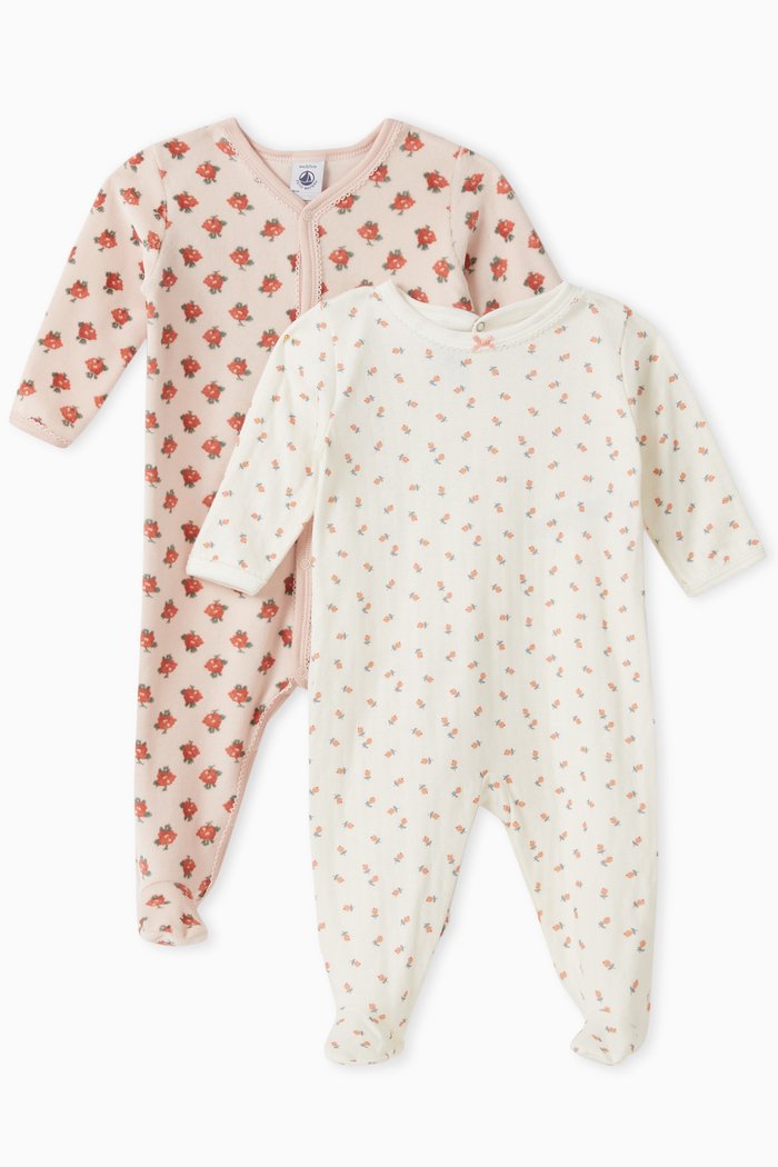 

Floral Print Sleepsuits in Cotton, Set of 2, Multicolour