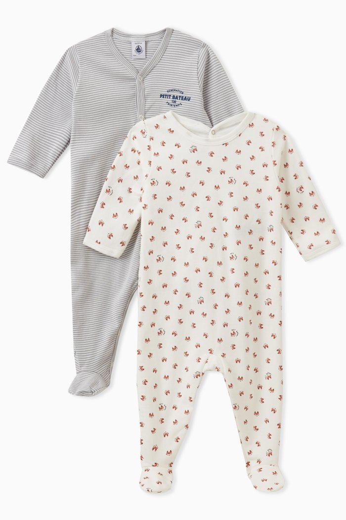 

Pinstriped And Fox Sleepsuit Set in Cotton, Multicolour