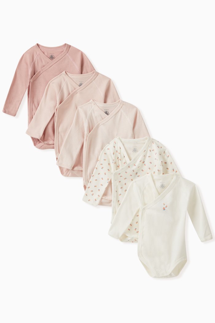 

Long Sleeved Wrapover Bodysuits in Cotton, Set of 5, Multicolour