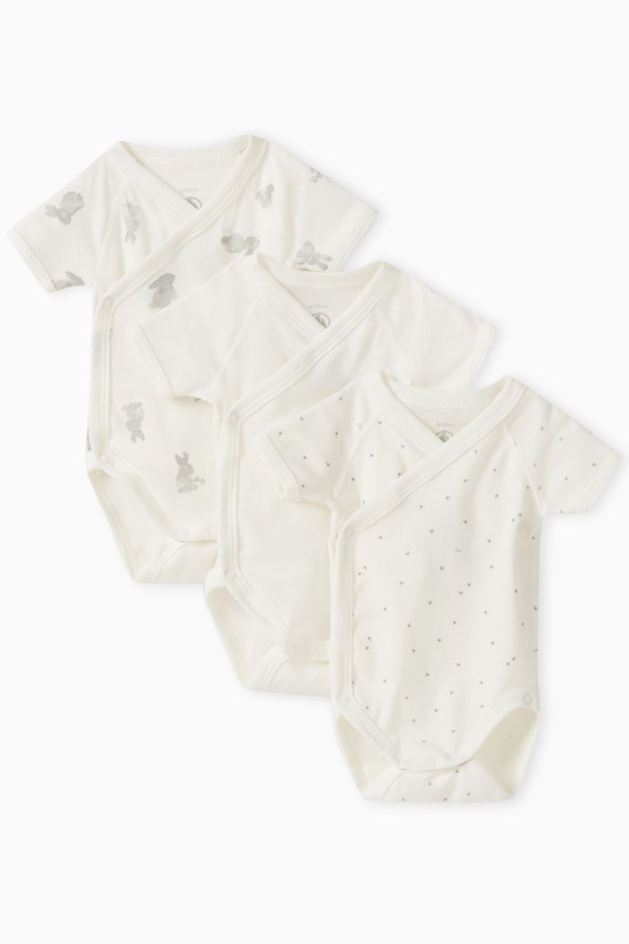 Rabbit Theme Bodysuits in Cotton, Set of 3, Multicolour
