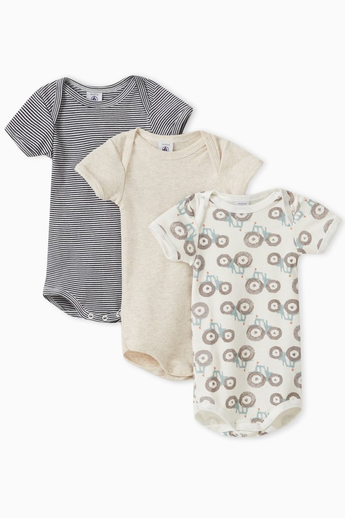 

Tractor Theme Bodysuits in Cotton, Set of Three, Multicolour