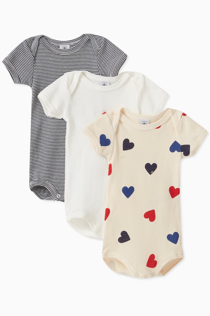 

Heart Theme Bodysuits, Set of Three in Cotton, Multicolour