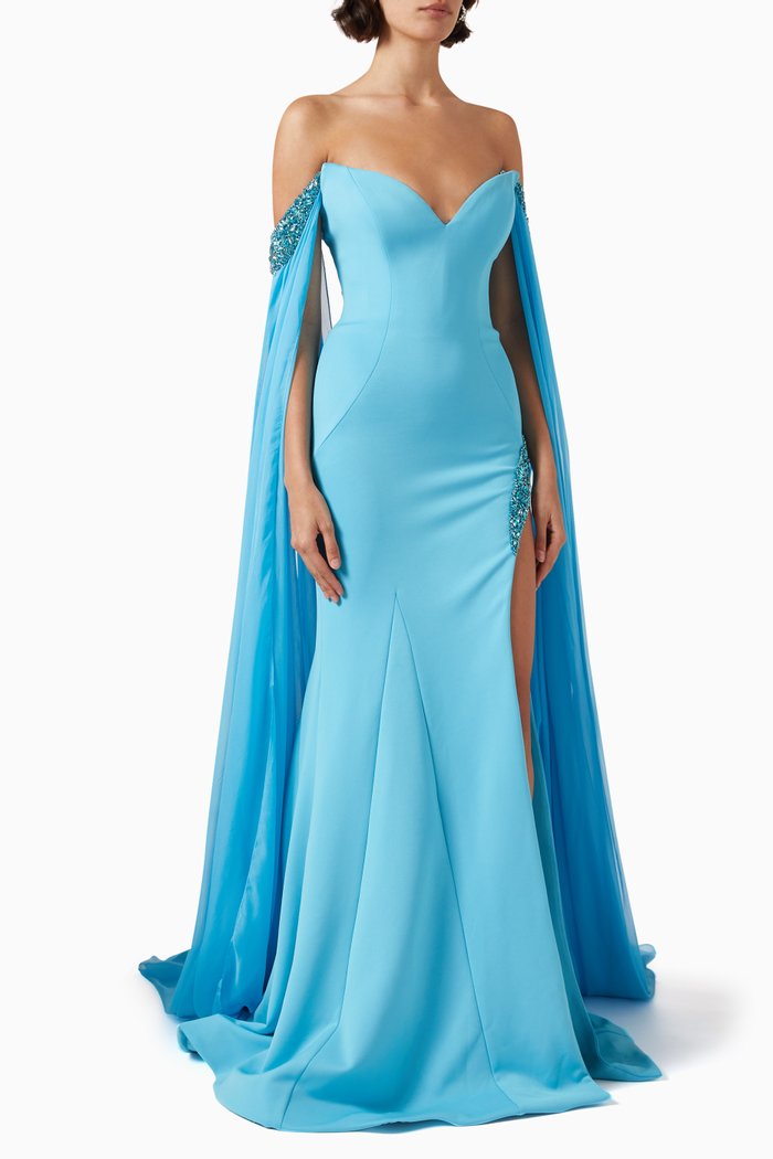

Off-shoulder Cape-sleeve Mermaid Gown, Blue