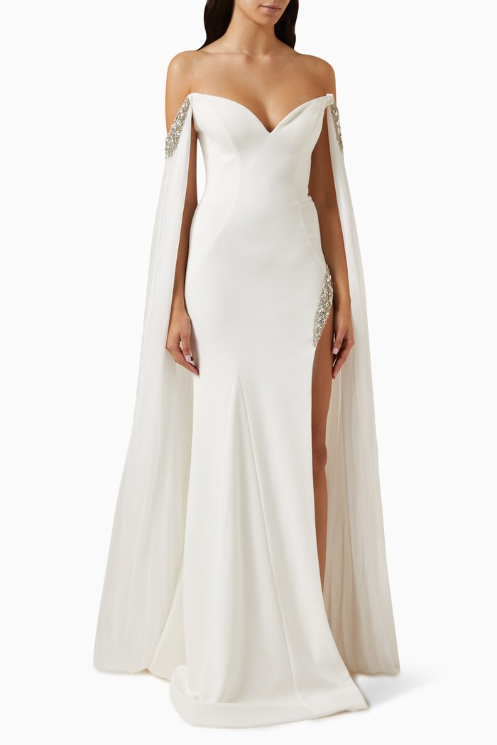 

Off-shoulder Cape-sleeve Mermaid Gown, White