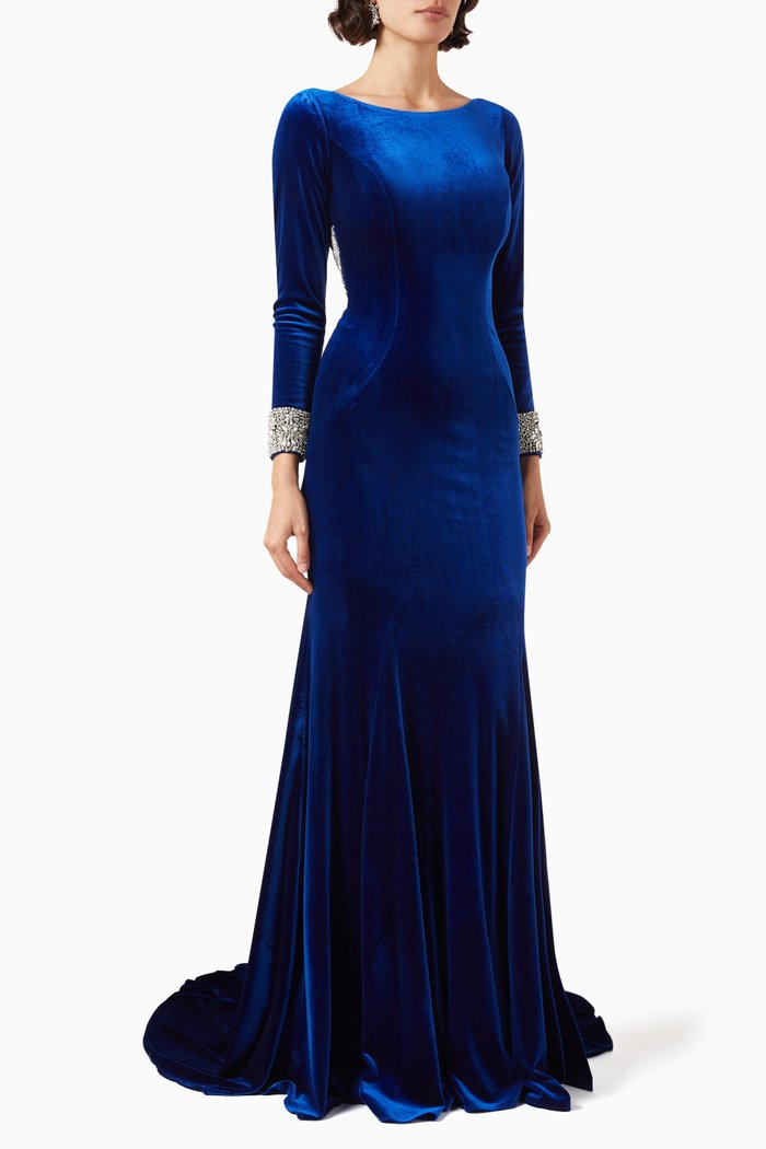 Open-back Embellished Mermaid Gown in Velvet, Blue